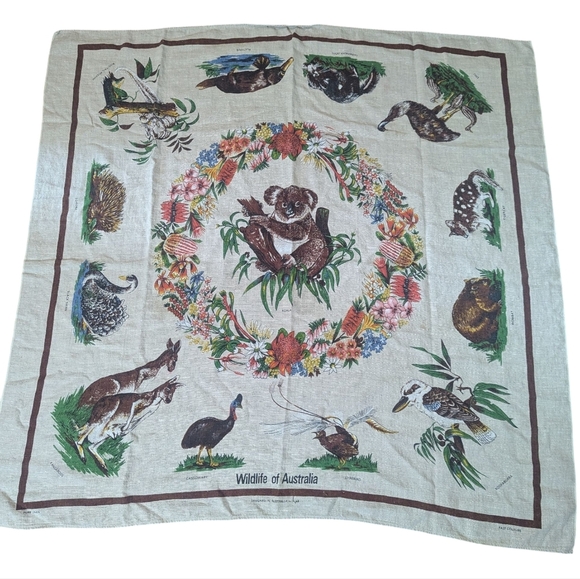 Vtg. 60s Wildlife of Australia Large Linen Square 48' with Animal Print - Picture 14 of 16